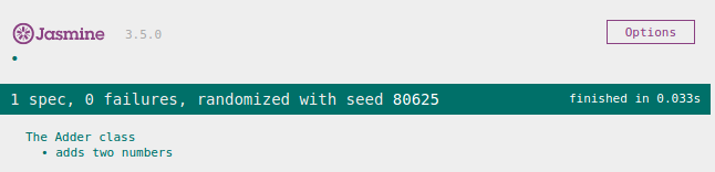 Screenshot of the results of a Jasmine passing test