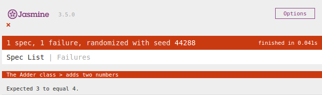 Screenshot of the results of a Jasmine failing test