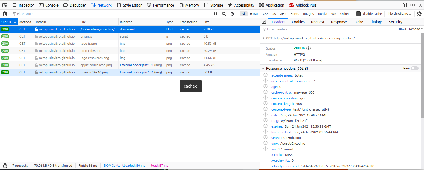 Screenshot of the network tab in Firefox showing the headers of the html file