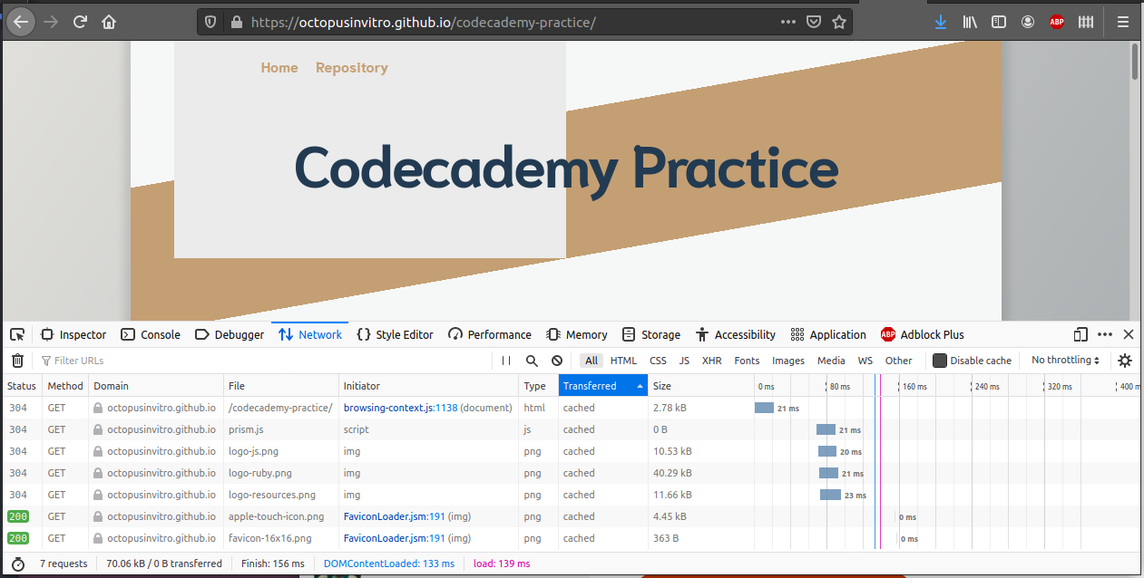 Screenshot of this tutorial page showing the network tab in the developer tools of Firefox
