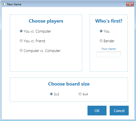 Screenshot of the form that fetches the variables to start a new game.